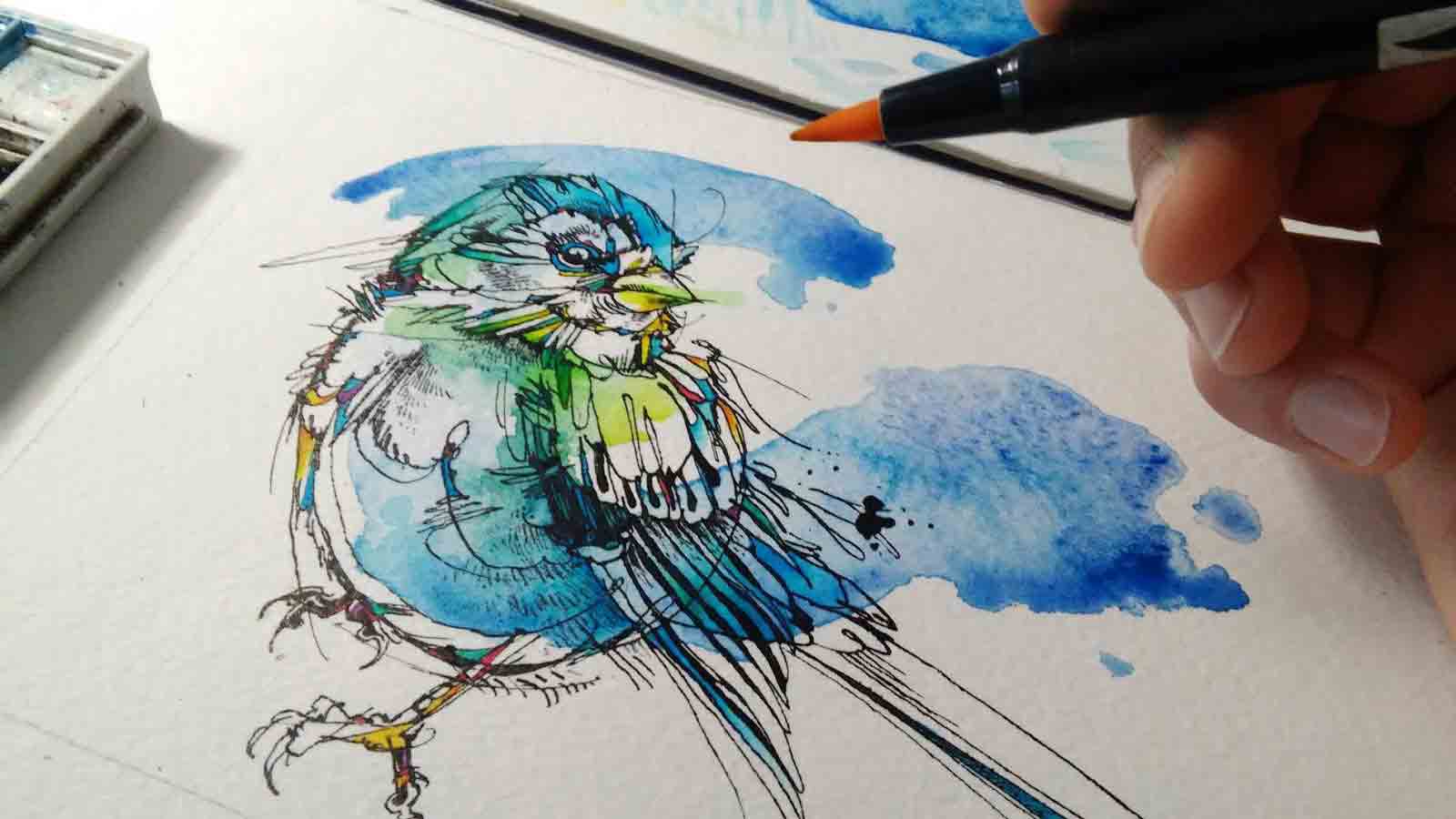 In-progress illustration of a bird
