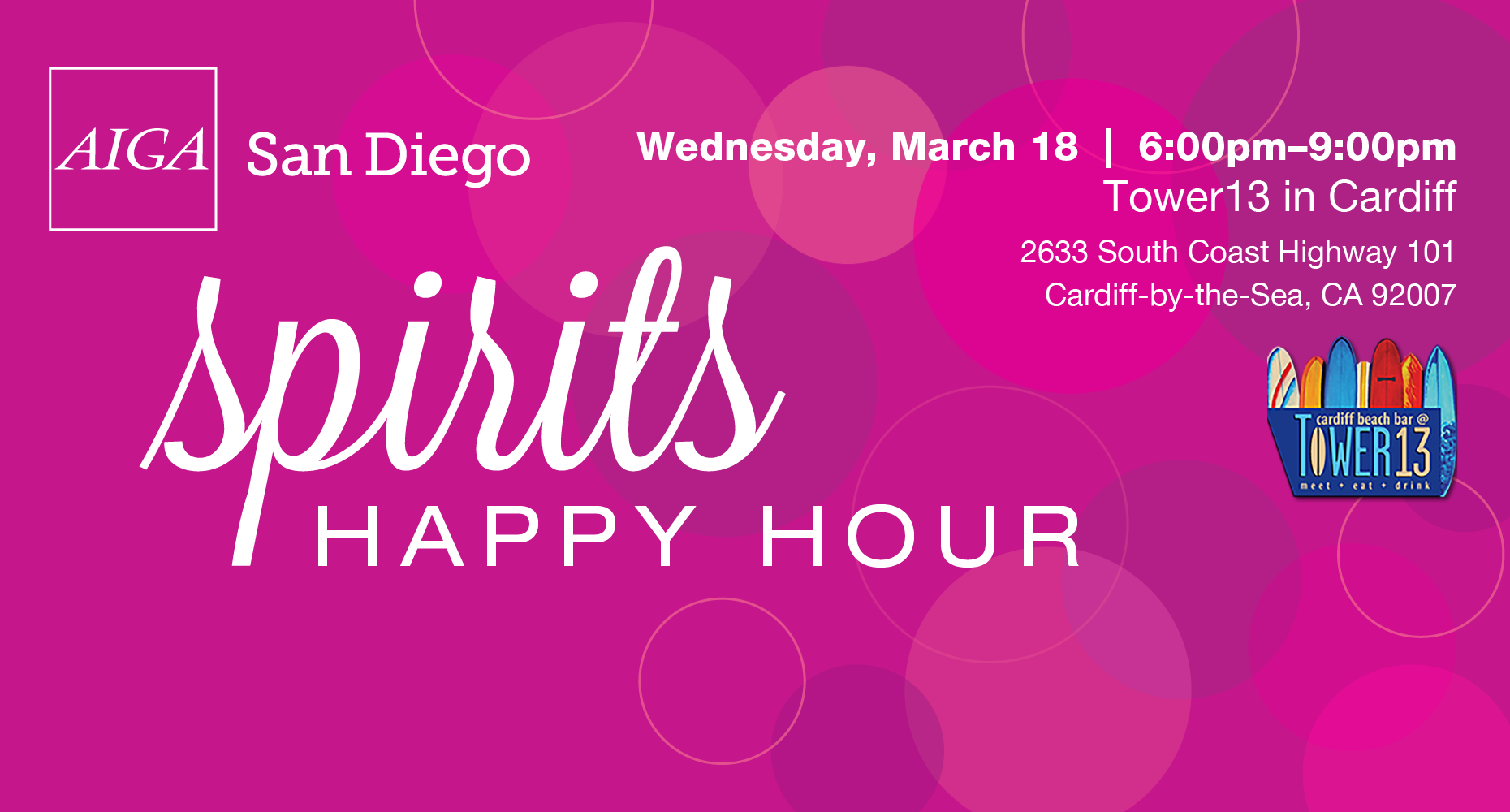 AIGA Spirits Happy Hour at Tower 13 event heading